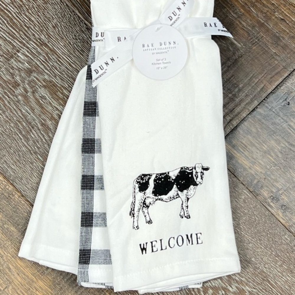 Rae Dunn - ‘Cow’ dish towels (3). NWT.